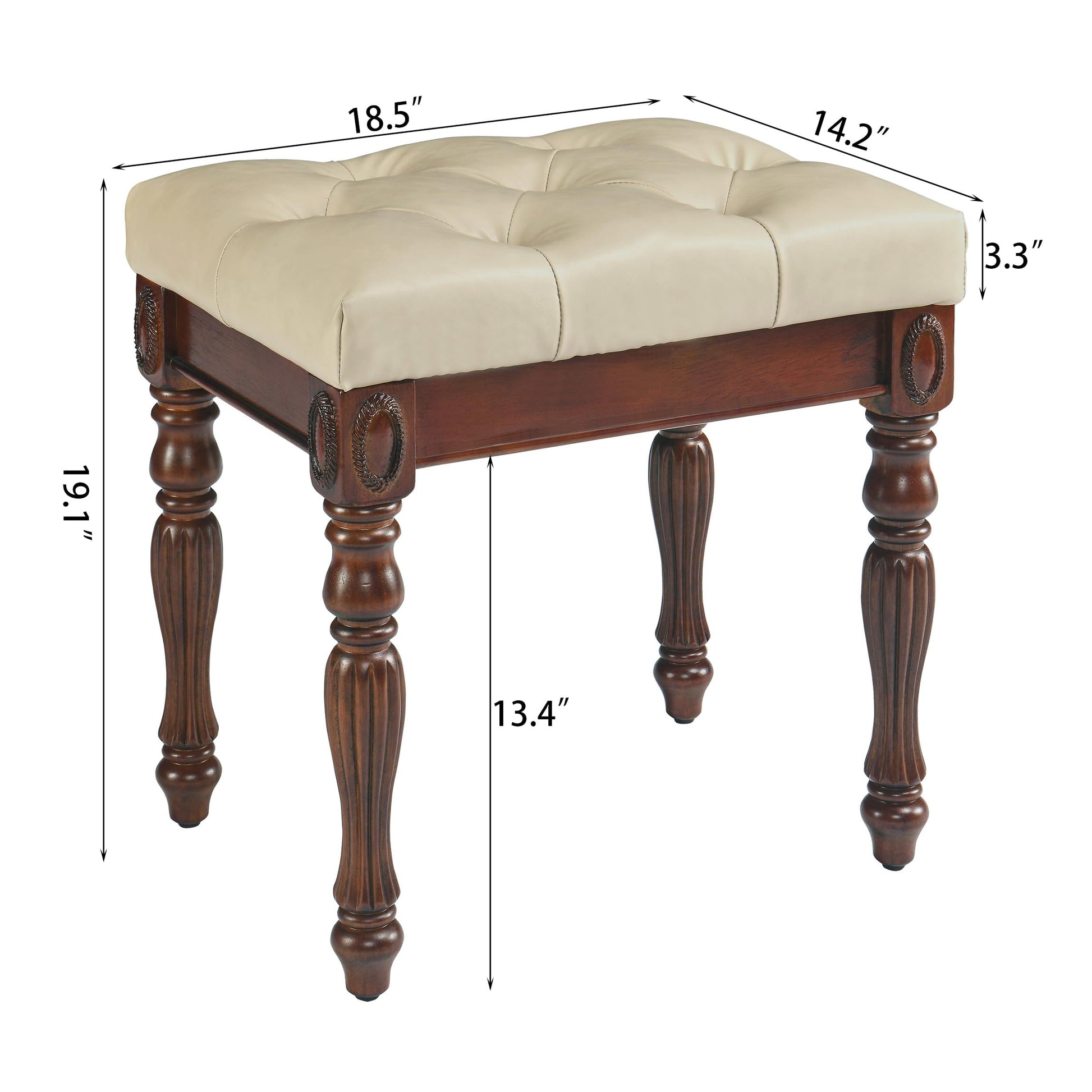 MODERION Vanity Bench Stool with Padded Cushion, Piano Bench with Solid Wood Carving Legs, Home Chairs Button Breathing Leather Upholstered Seat, - WoodArtSupply