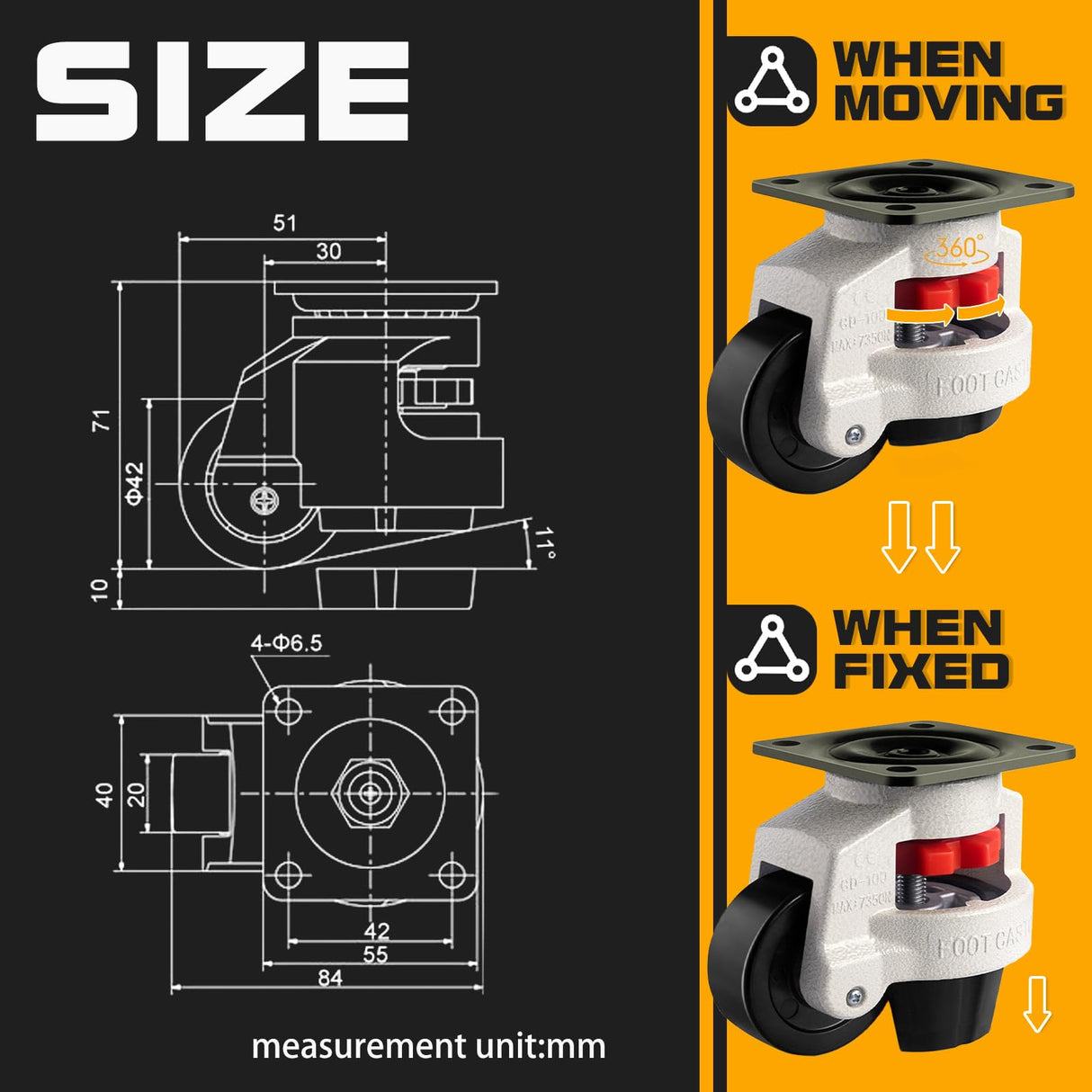 Leveling Casters Retractable Heavy Duty of 440 Lbs Set of 4,Height Adjustable Machine Leveling Feet Plate Castors for Workbench, Heavy Furniture,Machine Equipment(1.5 INCH) QIDSJCCBD