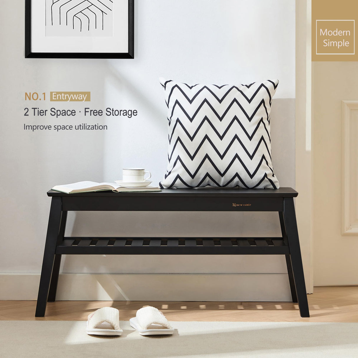 Nnewvante Bamboo Entryway Bench, 33.46" End of Bed Bench, 2 Tier Black Bench for Bedroom, Indoor Bench for Living Room, Dining Room, Hallway, Holds up to 300lbs Nnewvante