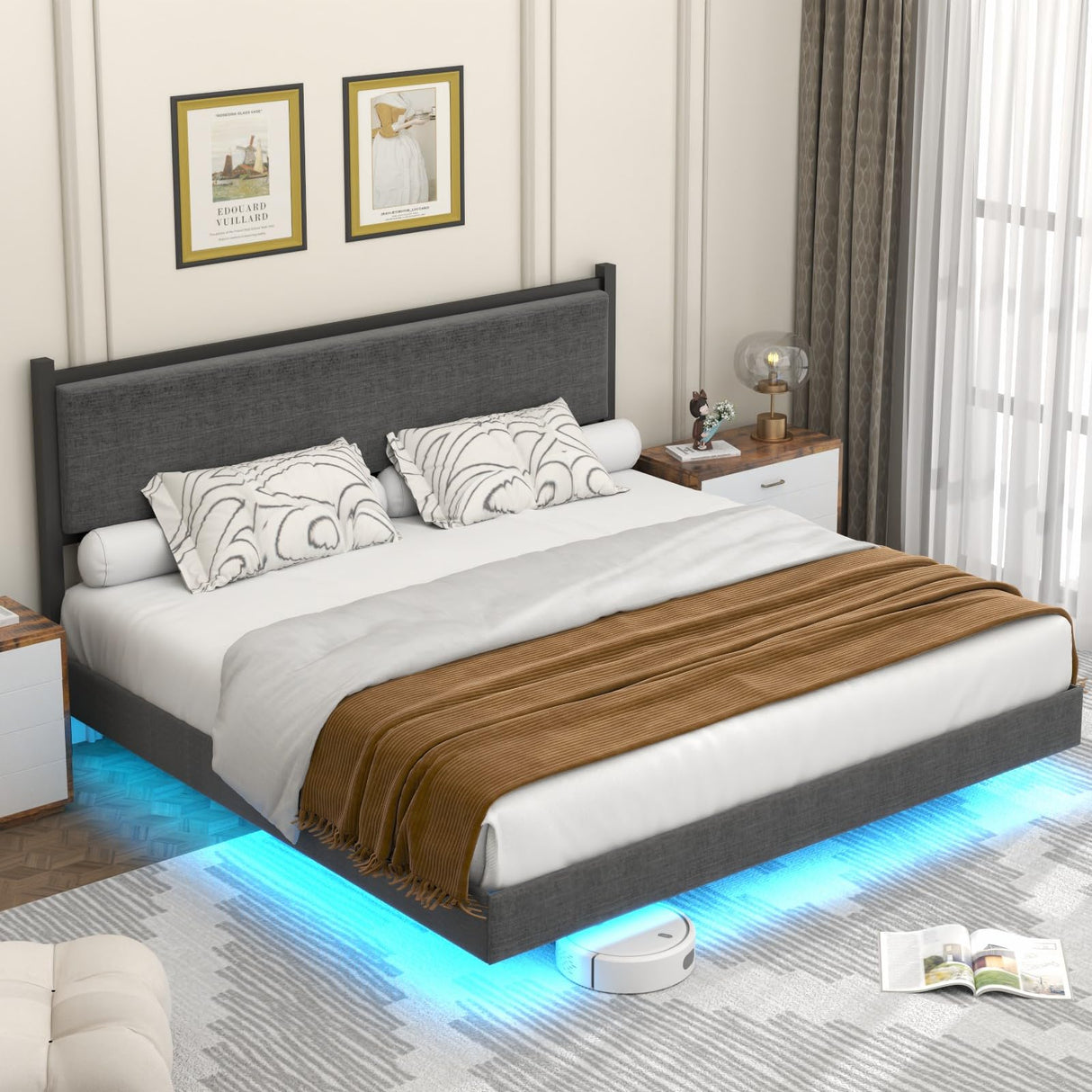 Gyfimoie Modern Grey King Floating Bed Frame with LED Lights and Double Beam Support Gyfimoie