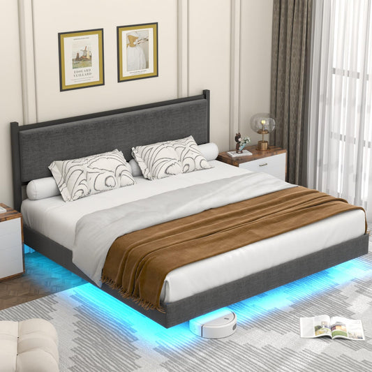 Gyfimoie Modern Grey King Floating Bed Frame with LED Lights and Double Beam Support - WoodArtSupply