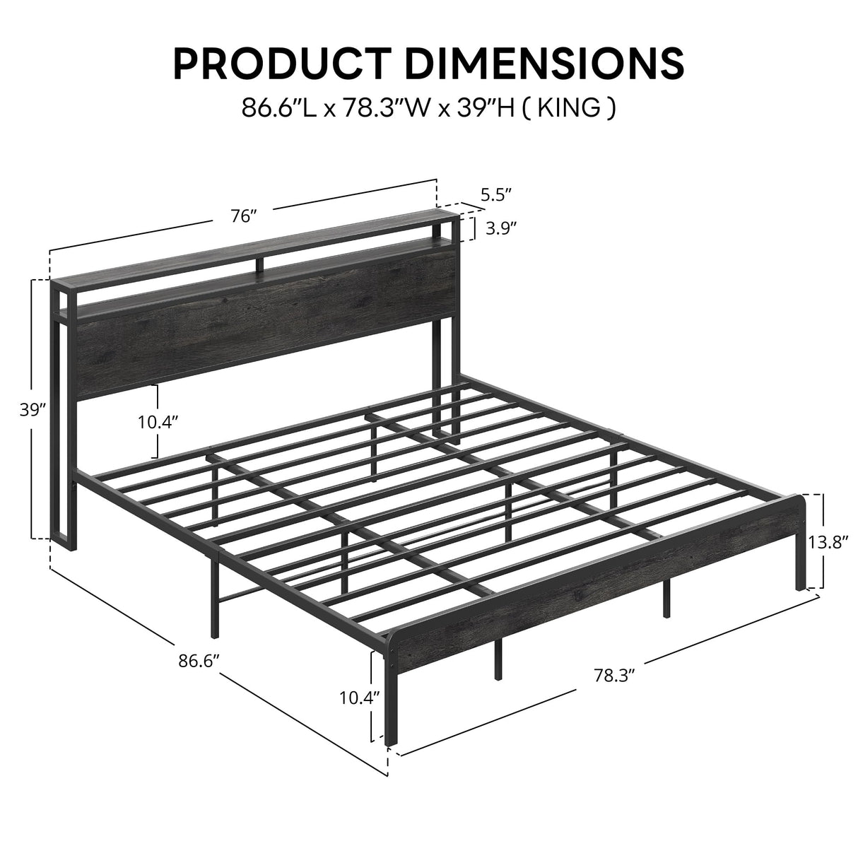 LIKIMIO King Bed Frame with Headboard, Dark Wood Camas King with Strong Supports, Sturdy, Noise-Free, No Box Spring Needed, Charcoal Grey LIKIMIO