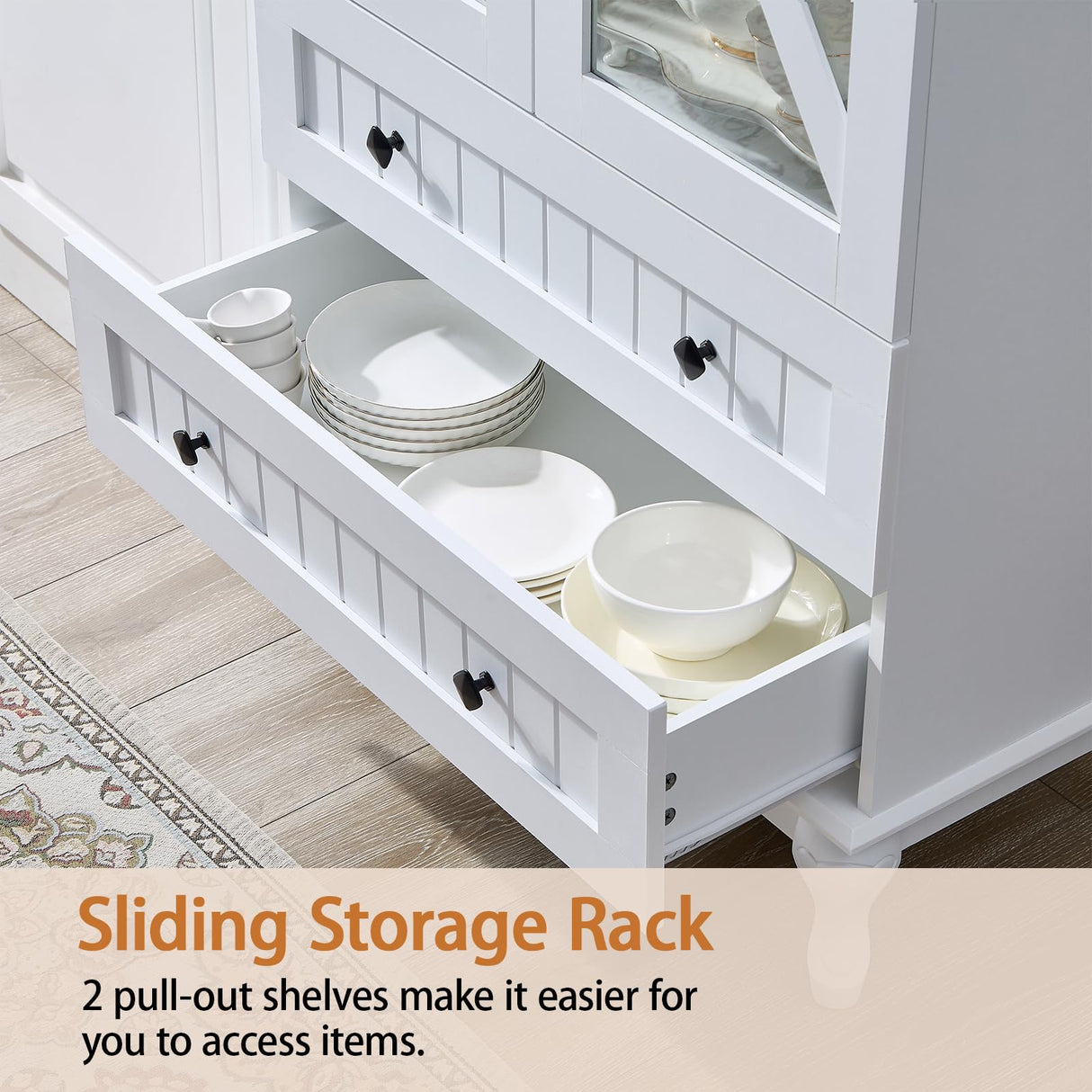 72" Tall Bookcase Set of 2 with Glass Doors, Farmhouse 3Tier Book Shelf with 2 Drawer, Arc Wood Bookshelf with Storage Cabinet, Freestanding Display Bookshelves, China Cabinet for Living Room, Office FFBCFDK