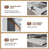 Huariifowm Modern L Shape Reception Desk with Counter, LED Light, Lockable Drawer, Keyboard Tray, for Salon, Office, or Lobby Receptionist Desk(Maple+White/Right, 71" L*24" W*39" H) Huariifowm