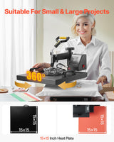 VEVOR 2 in 1 Heat Press Machine for T Shirts and Hats, 15x15 Inch Professional Swing Away Digital Tshirt Press Machine for Sublimation, Vinyl, Heat Transfer Projects VEVOR