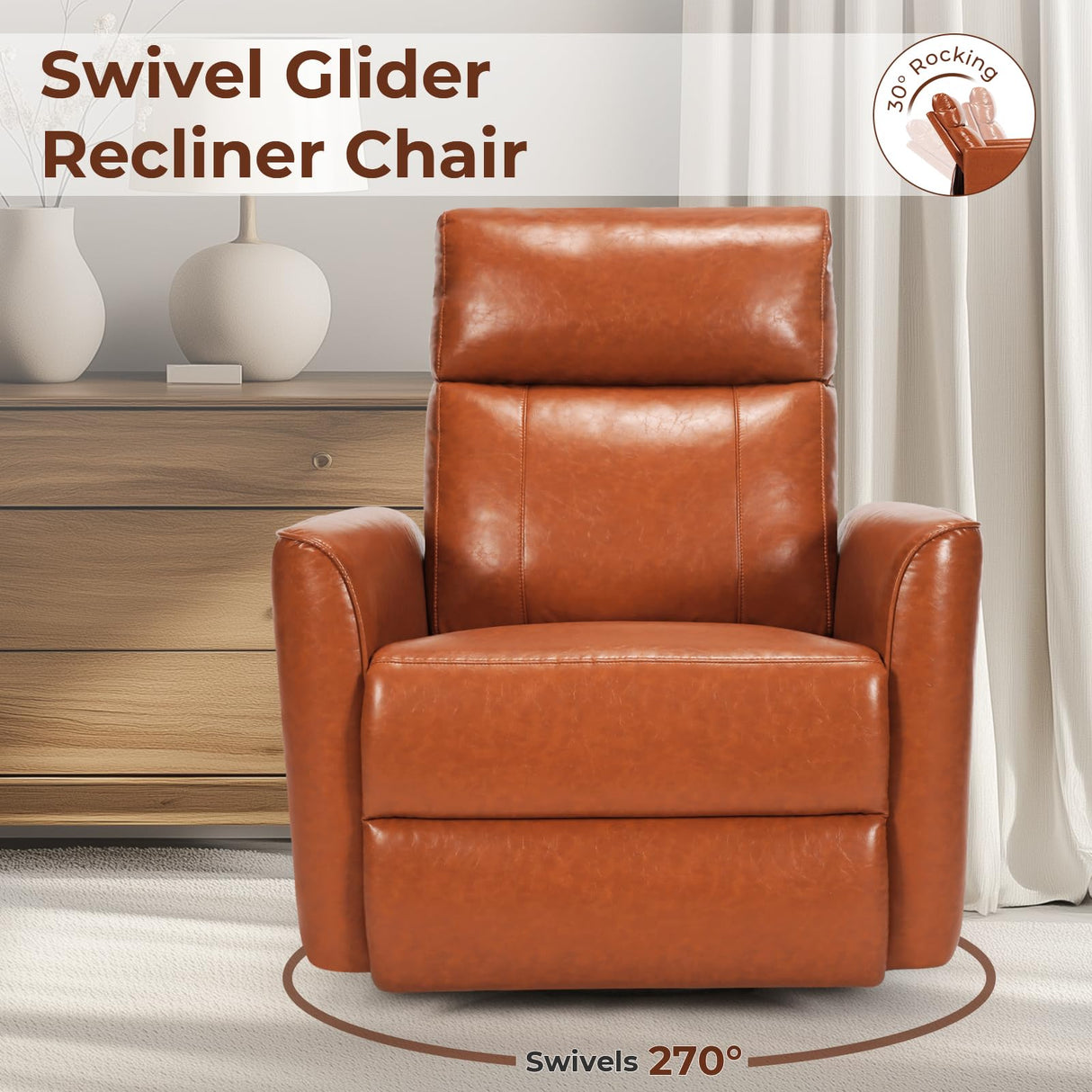 Homdox Power Recliner Chair Swivel Glider with Massage and Heat, Living Room Nursery Reclining Chair with USB, Faux Leather, for Small Spaces, Orange-Brown Homdox