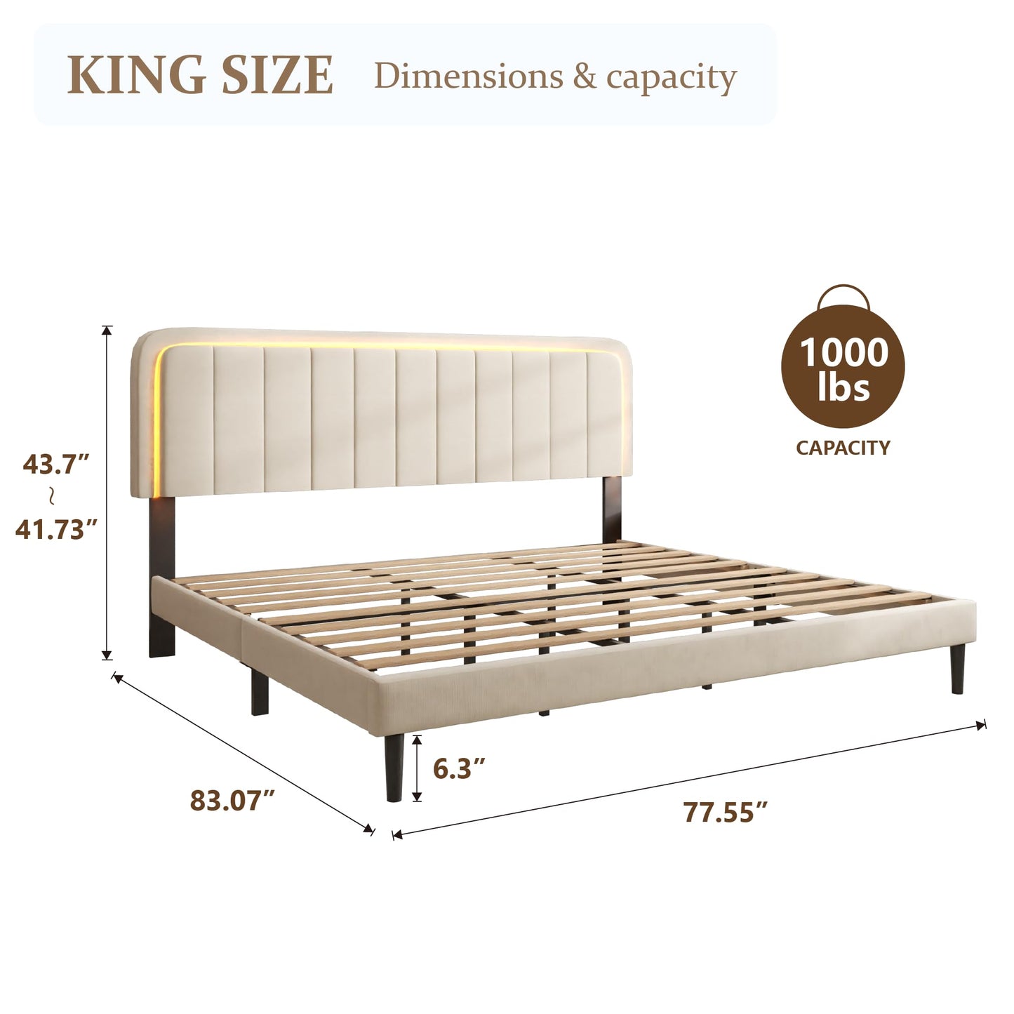 CXVX Adjustable Velvet Platform King Size Bed with LED Lights, Charging Station & Wooden Slats, Upholstered Bed Frame with Headboard, Noise-Free Mattress Foundation, No Box Spring Required