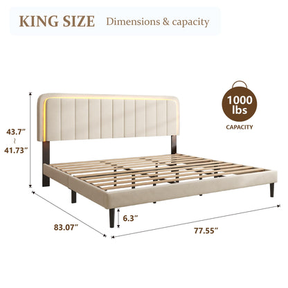 CXVX Adjustable Velvet Platform King Size Bed with LED Lights, Charging Station & Wooden Slats, Upholstered Bed Frame with Headboard, Noise-Free Mattress Foundation, No Box Spring Required