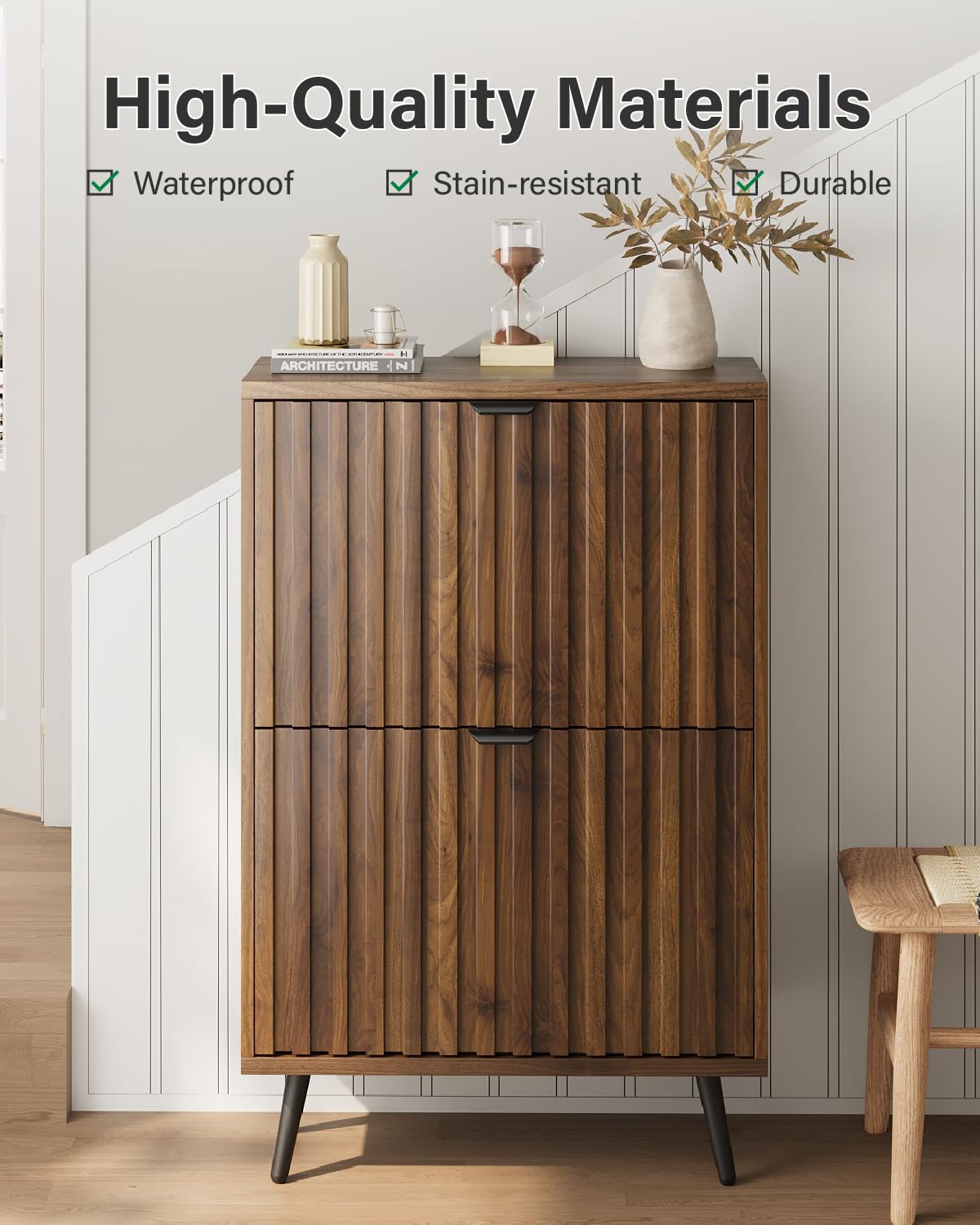 Smart FENDEE Shoe Cabinet, Slim Fluted Shoe Cabinet Storage for Entryway, Walnut Hidden Shoe Cabinet with Metal Legs and Flip Doors Smart FENDEE