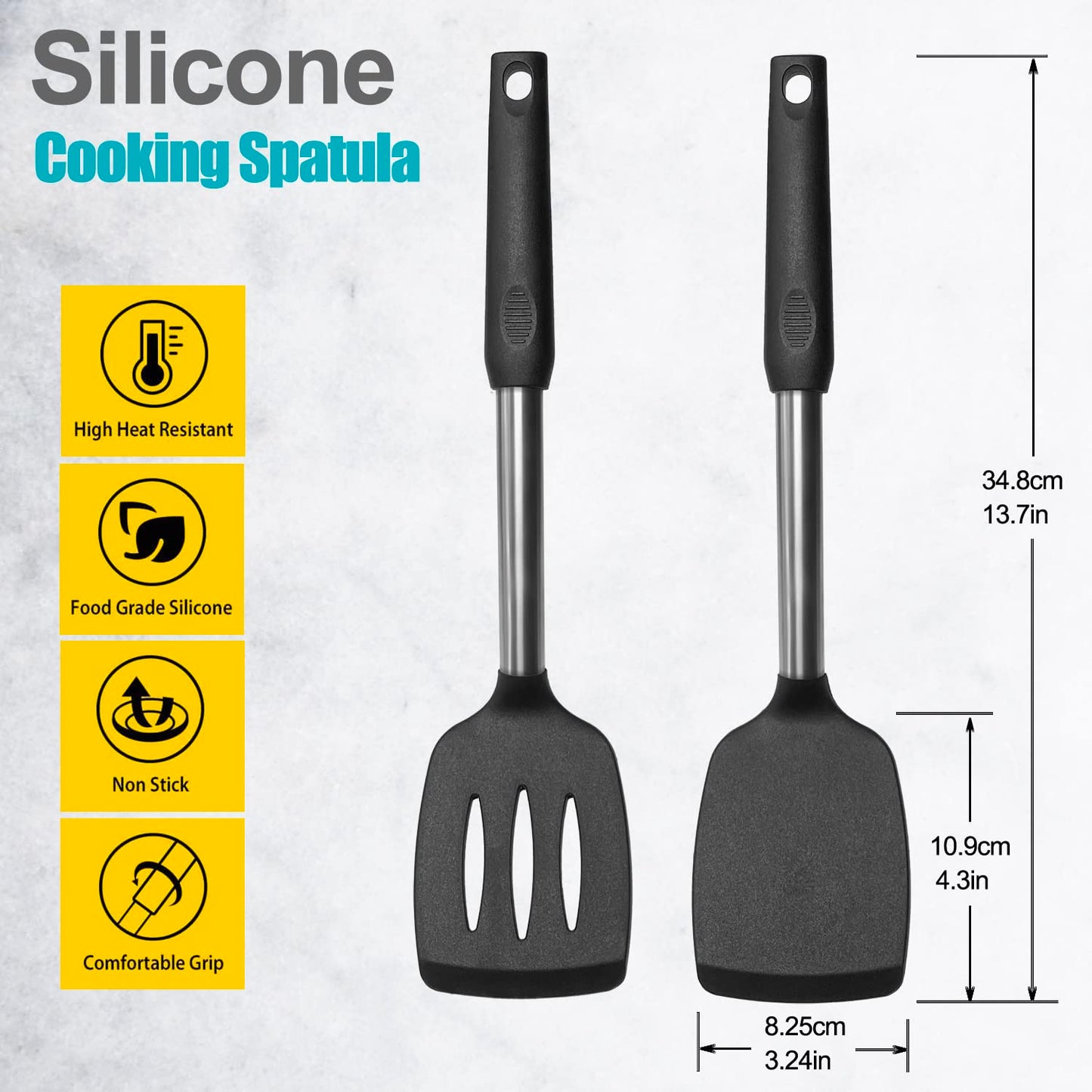 2 Pack Spatulas, Solid & Slotted Silicone Spatula Set, Stainless Steel Handle Coated with Silicone, Non Stick Turners, Heat Resistant Rubber Spatulas for Fish, Eggs, Pancakes, WOK, Black