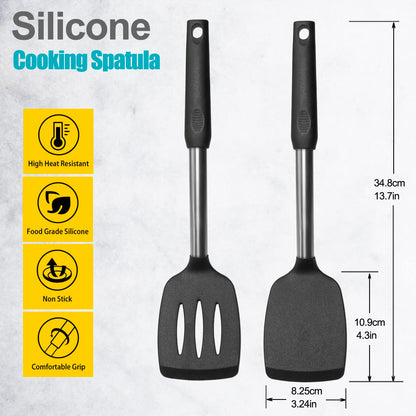 2 Pack Spatulas, Solid & Slotted Silicone Spatula Set, Stainless Steel Handle Coated with Silicone, Non Stick Turners, Heat Resistant Rubber Spatulas for Fish, Eggs, Pancakes, WOK, Black