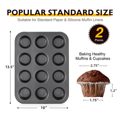 HONGBAKE Muffin Pan for Baking, Nonstick Cupcake Tin 12 Cup, 2 Pack Cup Cake Tray, Premium Cheesecake Pans, Dishwasher Safe - Dark Grey