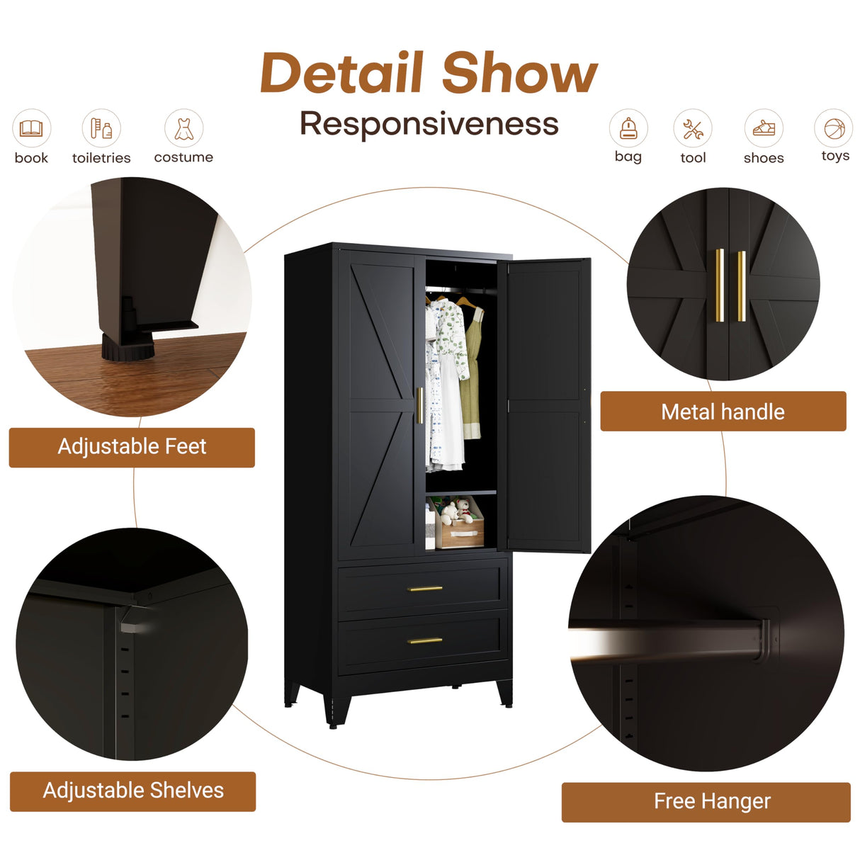 FIRMET Metal Wardrobe Closet Cabinet with Drawers,71" H Large Bedroom Armoires with Shelves and Hanging Rod,Wardrobe Storage Cabinet with 2 Doors, 1 Adjustable Shelf and 2 Drawers FIRMET