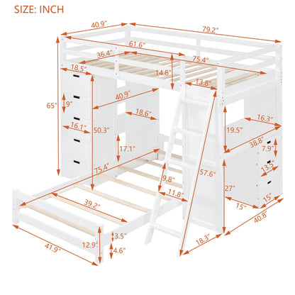 Versatile Twin Over Twin Bunk Bed with LED Light, USB Ports and Storage Solutions in White - WoodArtSupply