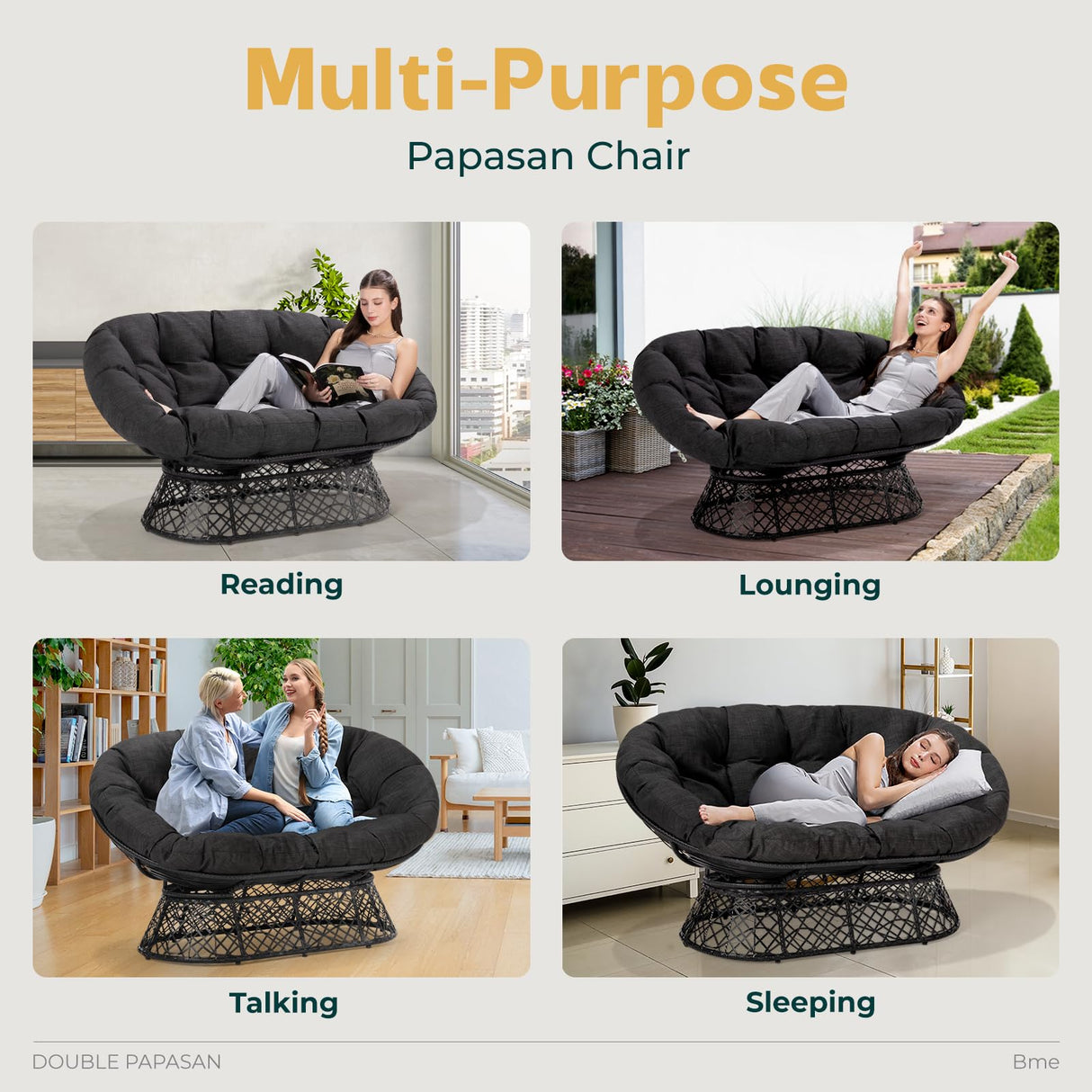 Bme Double Papasan Chair, 600lbs Capacity, Ergonomic Design, Soft Thick Fabric Cushion, Bee-Designed Frame, Durable Steel, 60", Black - Black Base Bme