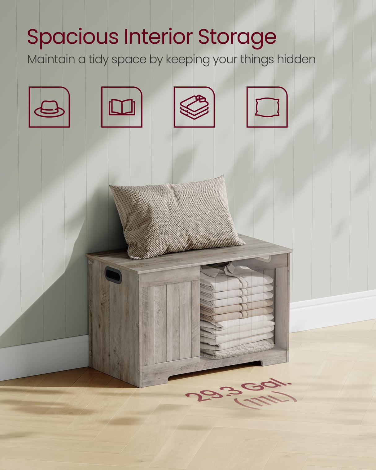 VASAGLE Storage Chest, 29.9 Inches Width Storage Bench, Entryway Bench with 2 Safety Hinges, Shoe Bench, Farmhouse Style, for Entryway, Bedroom, Living Room, Heather Greige ULHS011K01 VASAGLE