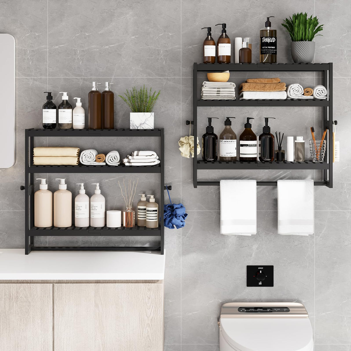 RRX Bathroom Shelf Storage Organizer, Bathroom Shelf 3-Tier Adjustable Layer Bamboo Organizer with Bar, Hanging, Freestanding Over Toilet Utility Shelves, Black RRX