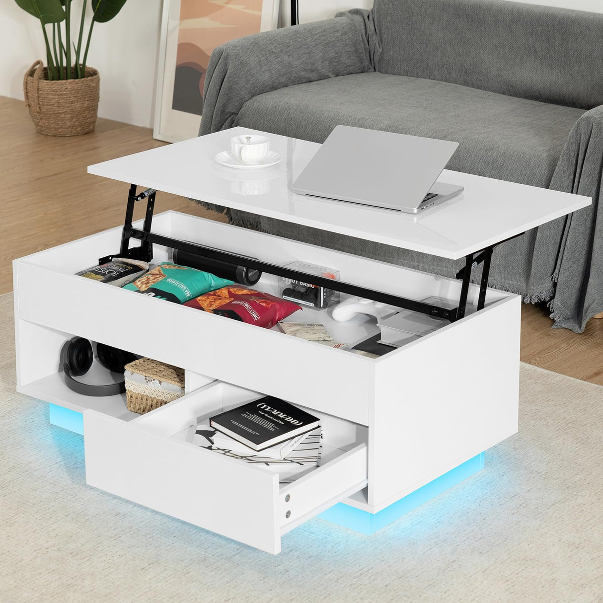 HOMMPA Lift Top Coffee Table with Storage LED Coffee Table Morden High Gloss Living Room 3 Tiers Modern Tea Table with Storage Center Tables Hidden Compartment & Open Shelve & Drawer White HOMMPA