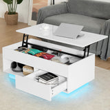 HOMMPA Lift Top Coffee Table with Storage LED Coffee Table Morden High Gloss Living Room 3 Tiers Modern Tea Table with Storage Center Tables Hidden Compartment & Open Shelve & Drawer White HOMMPA