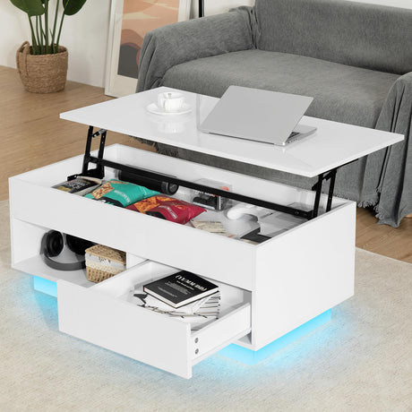 HOMMPA Lift Top Coffee Table with Storage LED Coffee Table Morden High Gloss Living Room 3 Tiers Modern Tea Table with Storage Center Tables Hidden Compartment & Open Shelve & Drawer White HOMMPA