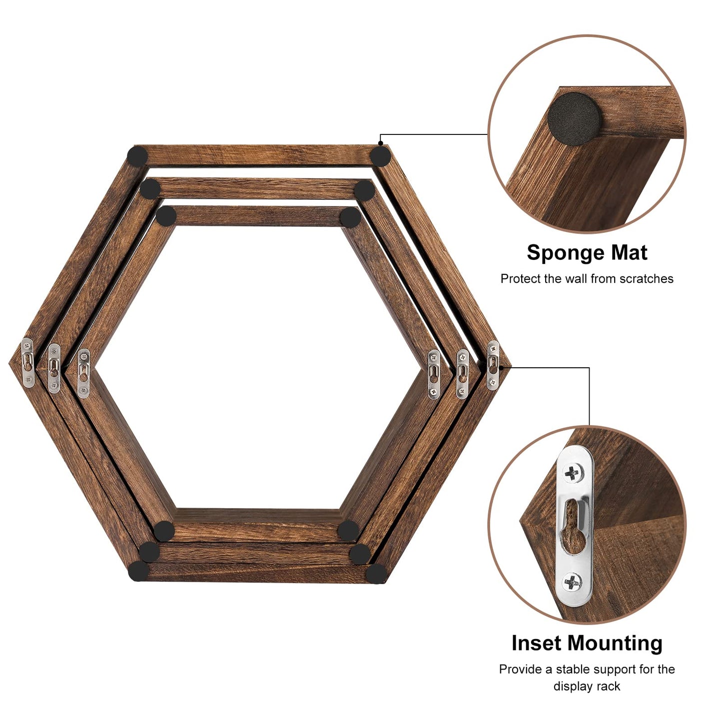 Hexagon Floating Shelves Set of 6 Farmhouse Honeycomb Wall Storage Shelf Wood Display Hexagonal Shelves Wall Mounted Hanging Rustic Shelf Racks for Bedroom Living Room Hallway Office Decor, Brown