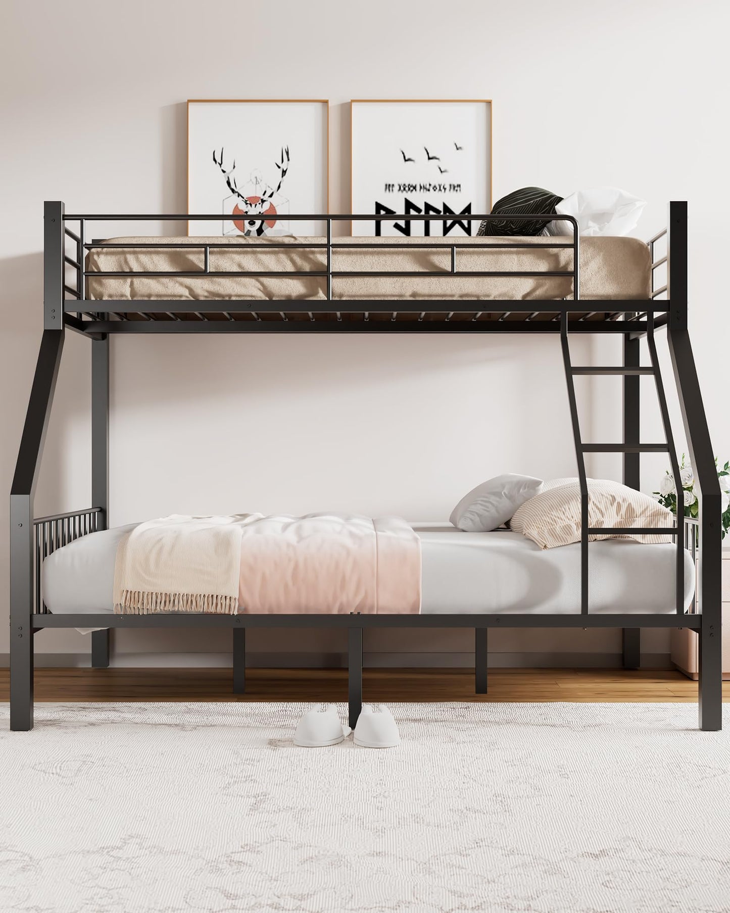 Miscoos Twin XL Over Queen Bunk Bed, Heavy Duty Bunk Bed with Safety Ladder and Full-Length Guardrails, Metal Queen Bed Frame with Slats Support for Adults, Teens, Kids, Black