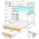 DICTAC Twin Over Full Bunk Bed with 4 Storage Drawers and 3-Tier Open Bookshelf Metal Bunk Bed with LED Lights,Charging Station and Organizer Pegboard,bunk Beds with Safety Guardrail and Ladder,White DICTAC