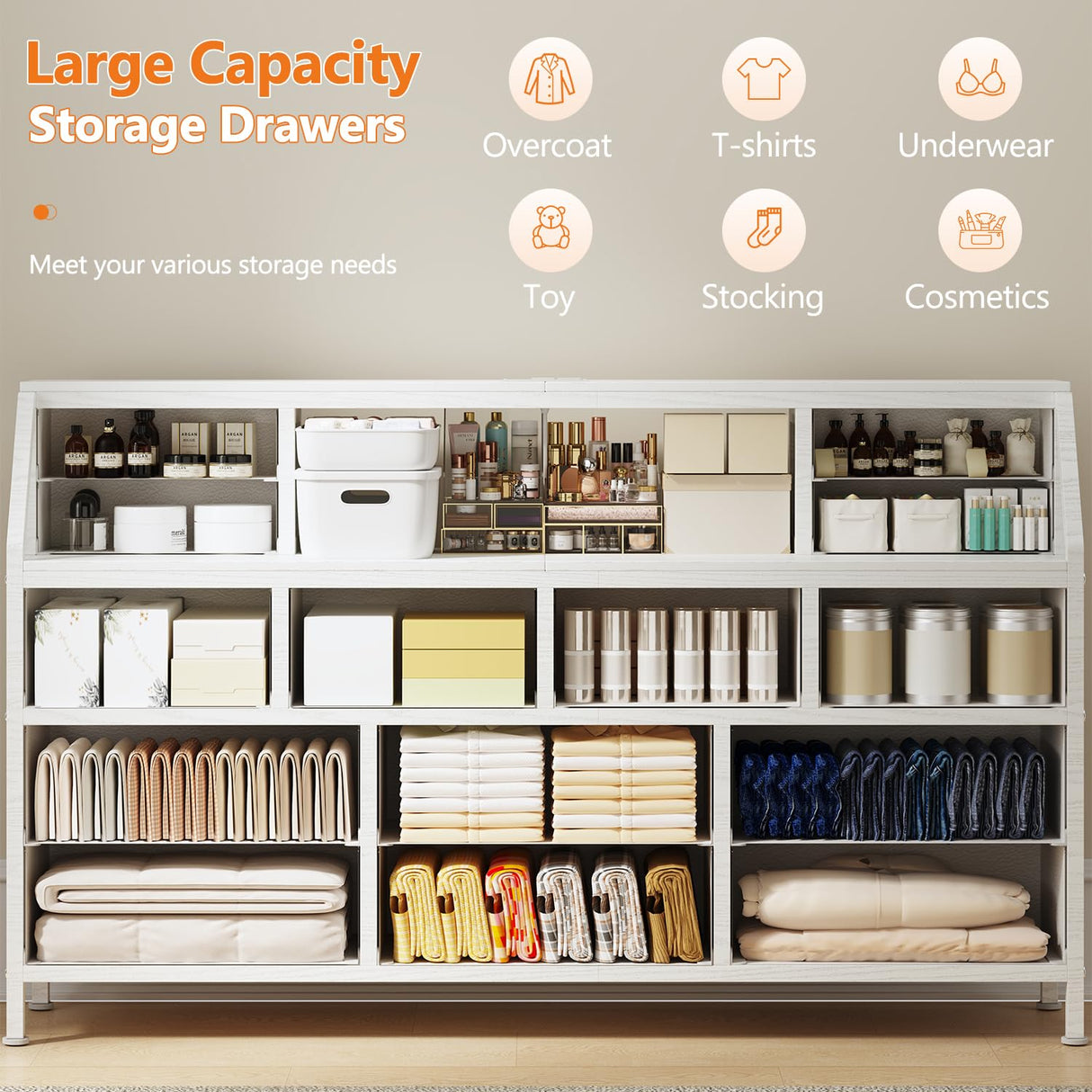 DrawXynth White Dresser for Bedroom, 55" TV Stand with 14 Drawers, Long Dresser & Chests of Drawers with Shelves & Sturdy Metal Frame & Wood Top DrawXynth