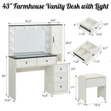 ACCOHOHO Farmhouse Vanity Desk with Mirror and Lights, 43" Wide Makeup Vanity with Glass Tabletop and Charging Station, Modern Vanity Table Set with Storage and Stool for Bedroom, Off White ACCOHOHO