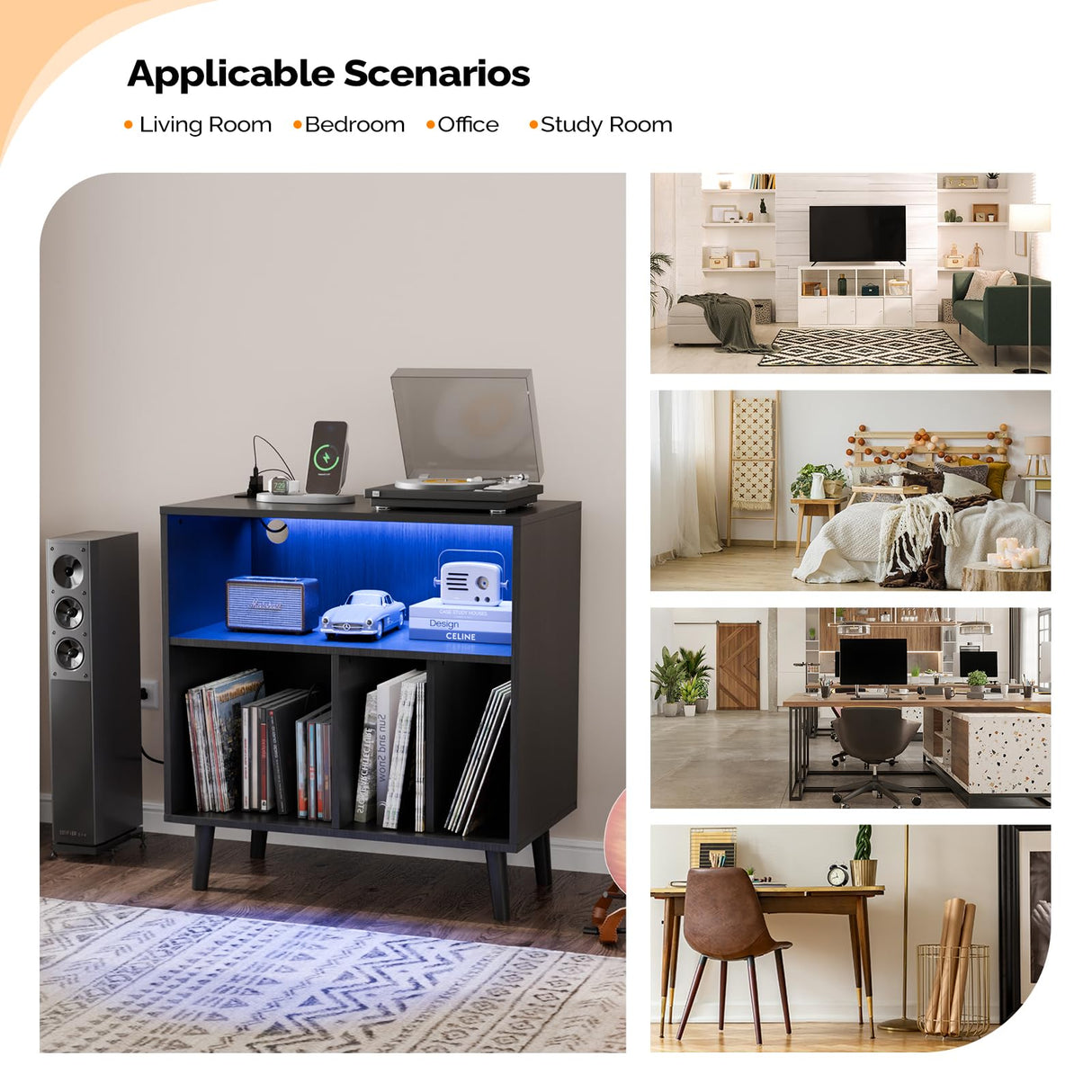 VINGLI Record Player Stand with Open Vinyl Storage, Mid-Century Album Storage Table with LED Light up to 300 Albums, Vinyl Record Player Shelf with Power Outlet for Living Room, Black VINGLI