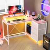 Patikuin L Shaped Desk with Power Outlets & LED Lights, Computer Desk with Drawers & Shelves, Corner Desk Gaming Desk Home Office Desk,Pink Patikuin