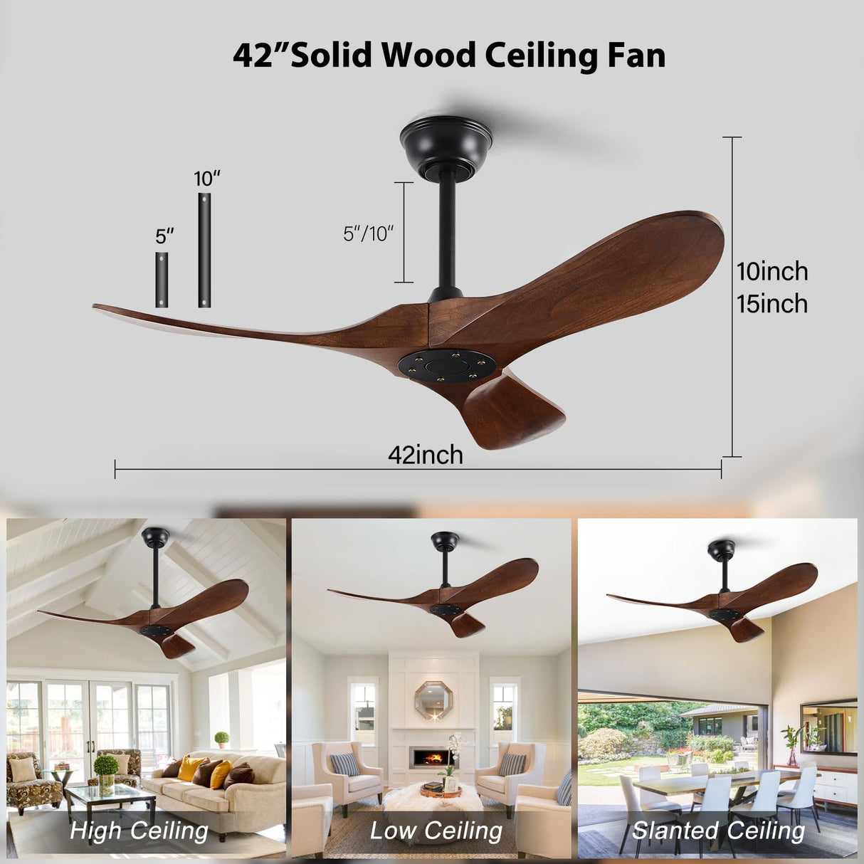 FISHMIX Ceiling Fans without Lights, Solid Wood Ceiling Fan No Light with Remote Control Indoor Outdoor Ceiling Fans for Patios, Living Room, Bedroom, Farmhouse and Gazebo (Dark Walnut, 42 INCH) FISHMIX