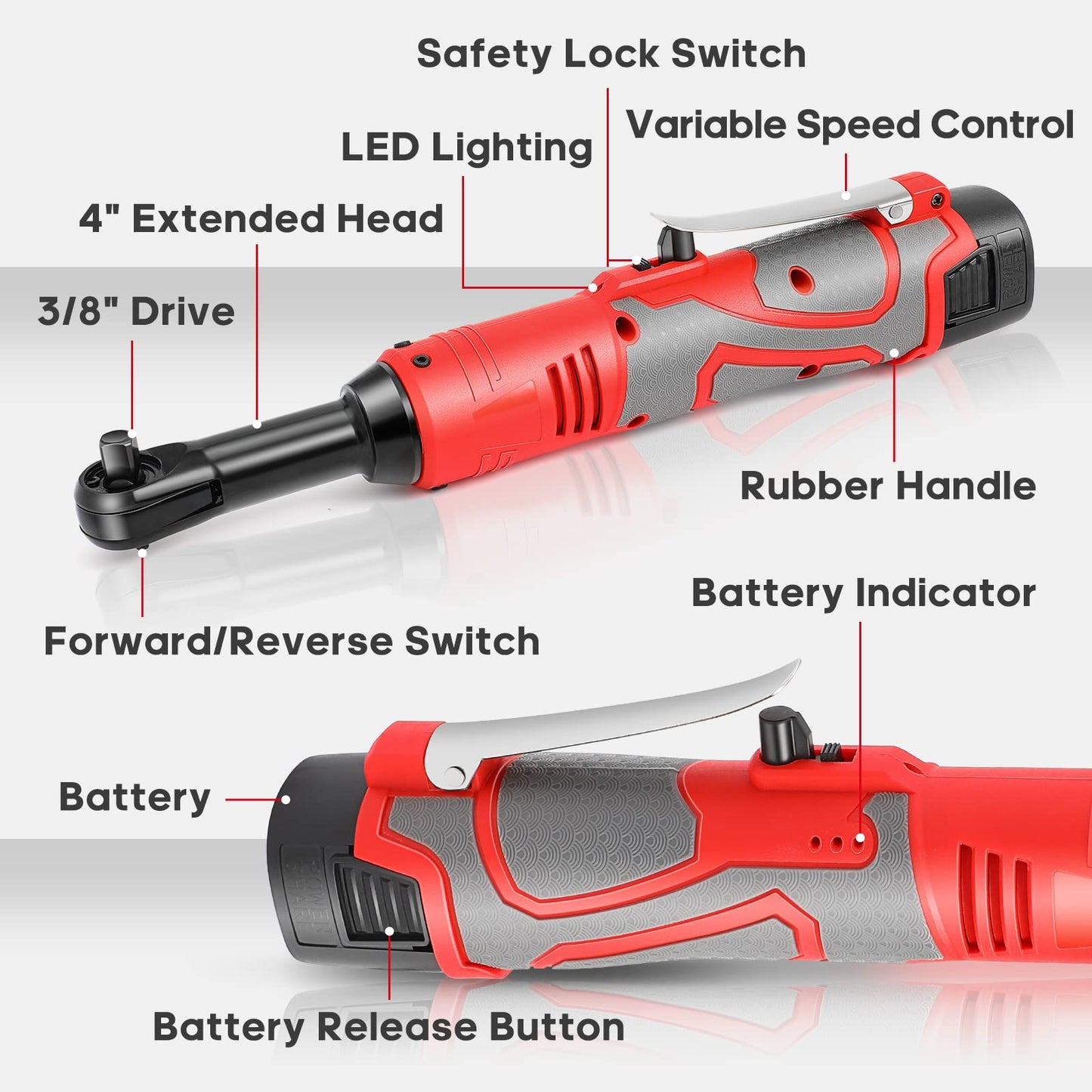 18V Extended Cordless Ratchet Wrench 3/8 Electric Wrenches Set 45 ft-lbs (60 N.m) 400RPM Power, 2 Battery 2.0Ah Lithium-Ion, 7 Sockets (10/11/12/13/14/15/17mm) And Charger, Variable Speed Tri - WoodArtSupply