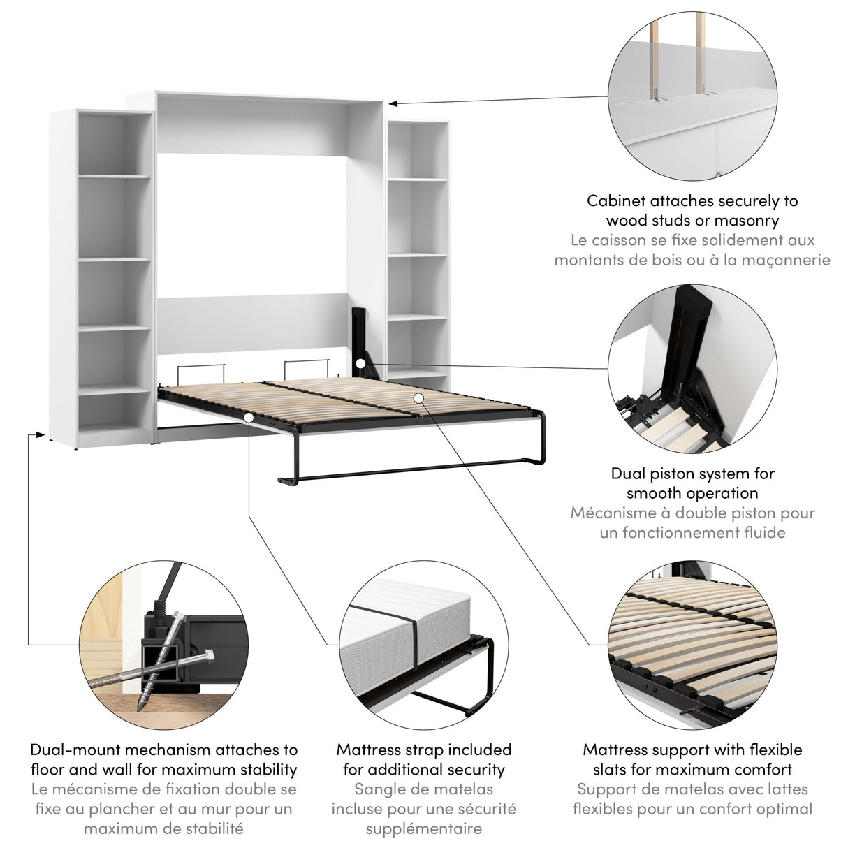 Bestar Claremont Queen Murphy Bed with Closet Organizers (105W) in White, Space-Saving Sleeping Arrangement for Multipurpose Room Bestar