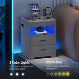 Gurexl LED Nightstand with Gun Drawer, Modern Beside Table with Charging Station, Auto Sensor 3 Color Dimmable Night Stand with Open Compartment for Bedroom (Grey) Gurexl