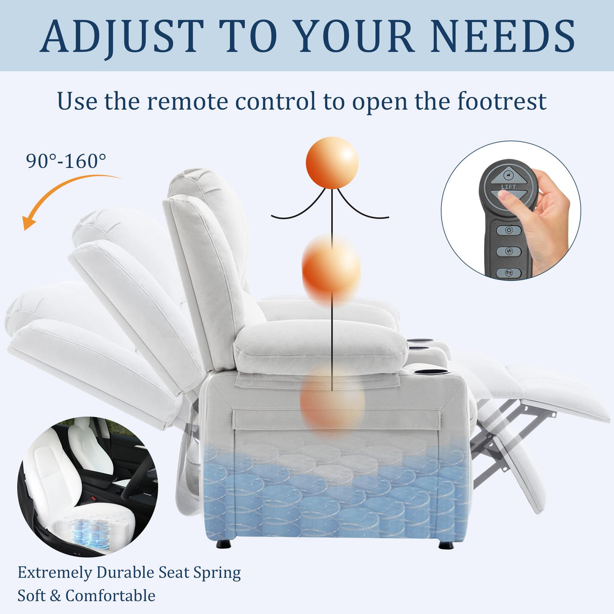 Power Recliner Chair for Adults,Upholstered Nursery Reclining Sofa Chair,Heating Point Massage Theater Seating Single Sofa with Side Pockets Table for Living Room-Grey White Alunaune