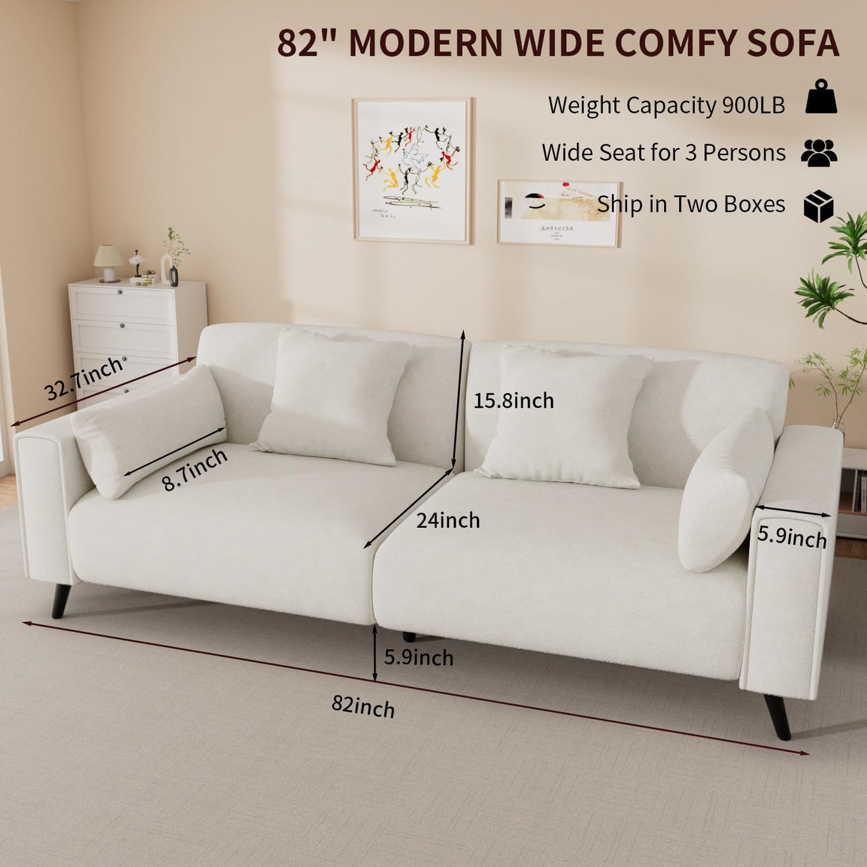 VOHOBY 82" Sofa Couch for Living Room, Modern Comfy Sofa with Extra Depth Seat and 2 Throw Pillow | 2 Armrest Pillow, 3 Seater Chenille Couches for Living Room Small Space, White VOHOBY