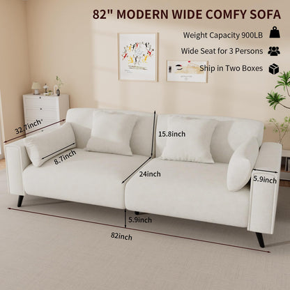 VOHOBY 82" Sofa Couch for Living Room, Modern Comfy Sofa with Extra Depth Seat and 2 Throw Pillow | 2 Armrest Pillow, 3 Seater Chenille Couches for Living Room Small Space, White