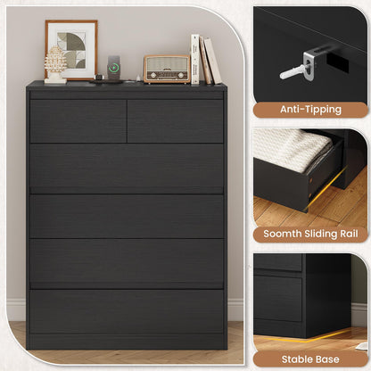 AOGLLATI Black Dresser for Bedroom, Modern Tall Dresser with 6 Drawers, Dressers & Chest of Drawers with Charging Station Handle Free,Wooden 6 Drawer Dresser for Bedroom Living Room,Black - WoodArtSupply