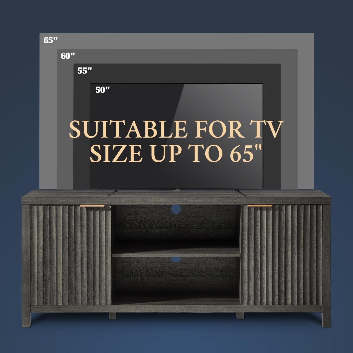 OAKHAM HOME Fluted TV Stands for Living Room, Heavy Duty Entertainment Center with Storage, Mid Century Modern Television Stands for 50/55/60/65 TV, Oxford Media TV Console (Medium,Midnight Oak) OAKHAM HOME