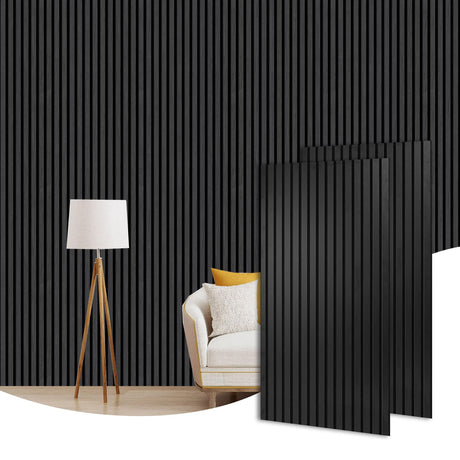 CHDITB 3D Fluted Wood Slat Acoustic Wall Panels, 2Pcs 23.6"x 47.2” Wood Finish Soundproof Panels for Wall and Ceiling, Sound Absorbing Decorative Wall Panels for Interior Wall Decor - Matte Black CHDITB