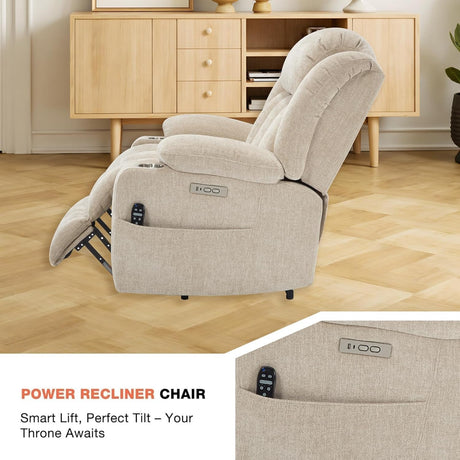 RHHVVR Power Lift Recliner Chair, 350lb Capacity with 8-Point Massage & Heating, USB/Type-C Ports & Cup Holders, Heavy Duty Chenille Recliner for Elderly, Beige RHHVVR