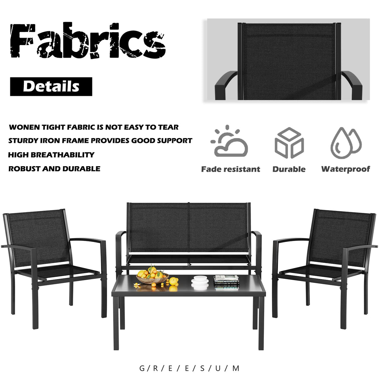 Greesum 4 Pieces Patio Furniture Set, Outdoor Conversation Sets for Patio, Lawn, Garden, Poolside with A Glass Coffee Table, Black Greesum