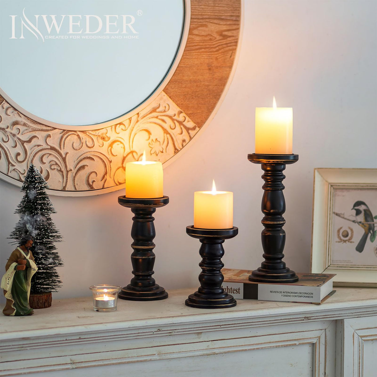 Inweder Wood Candle Holders for Pillar Candles, Solid Farmhouse Candle Holders (Set of 3), Tall Candle Holder, Stable Black Candle Holder for Home Decor, Fireplace, Event, Black Inweder