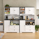 Kitchen Pantry Storage Cabinet,Freestanding Buffet Cabinet with Wine Glass Holder and 2 drawers,Food Pantry with Doors and Shelves,Tall Kitchen Hutch with Microwave Stand for Kitchens(White+Black) Gyfimoie