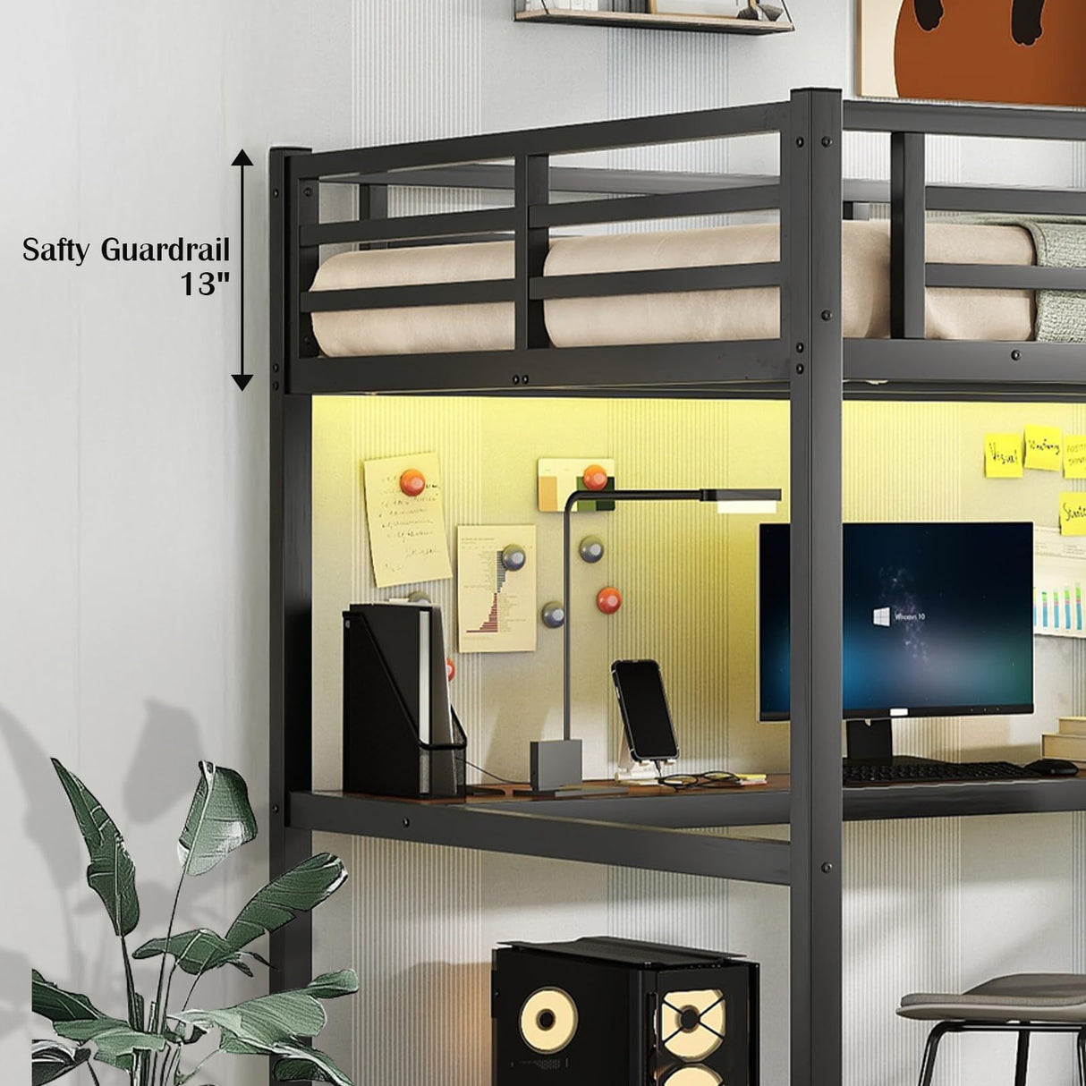 MAKIAAP Full Loft Bed with Desk, Metal High Loft Bed with LED Lights, Charging Station, Full Loft Bed Frames for Kids, Junior, Space Saving, Noise Free, Black (Black, Full) MAKIAAP