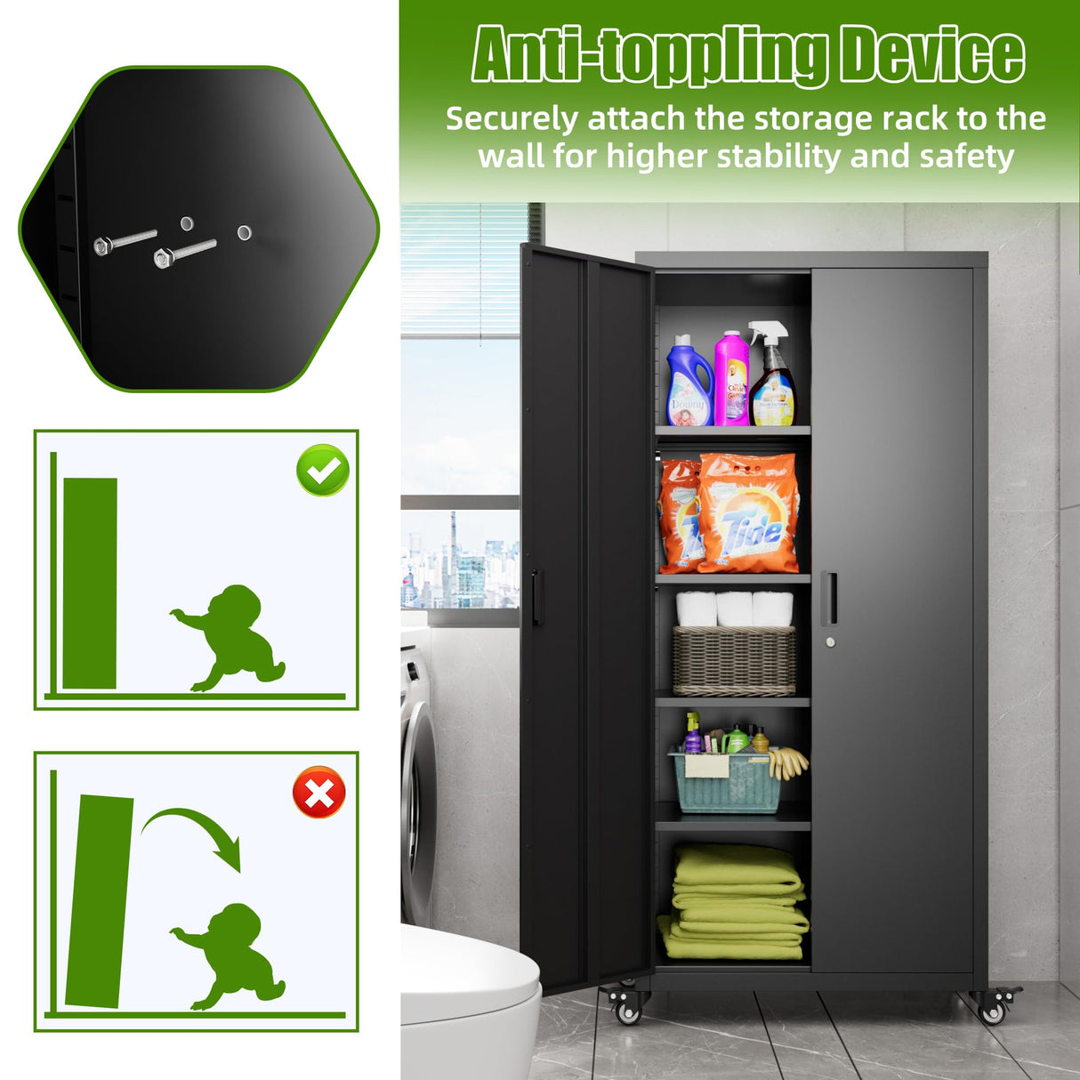 Aobabo 73''H Garage Storage Cabinet with Wheels,Steel Cabinets with 2 Doors and 4 Adjustable Shelves for Home Office,Assembly Required,Black Aobabo