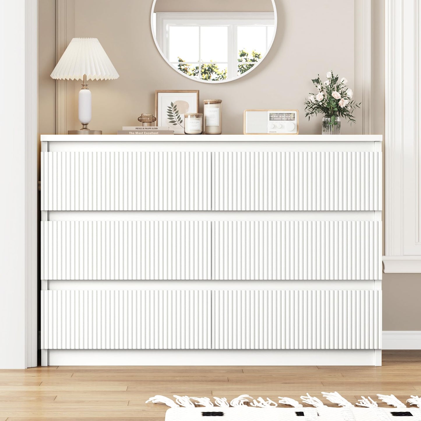 Jocoevol White Dresser 6 Drawer Dresser for Bedroom, Modern Fluted Dresser with Deep Drawers, Large Double Wooden Dresser Chest of Drawers for Living Room, Hallway, Entryway (White) - WoodArtSupply