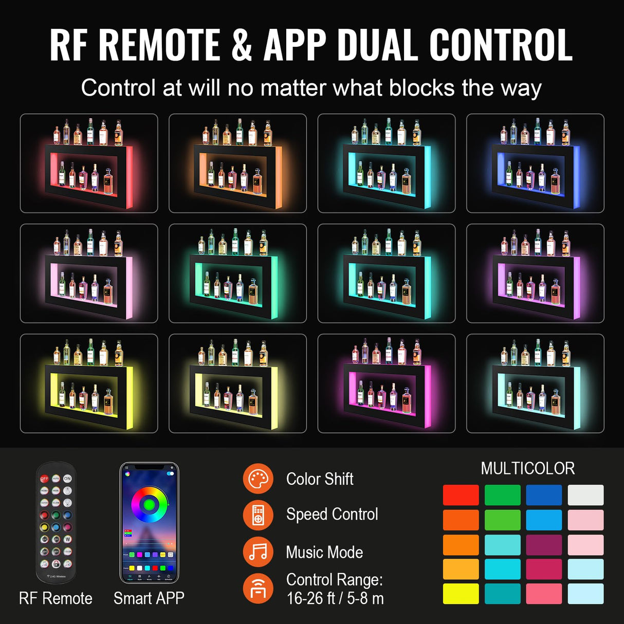 VEVOR LED Lighted Liquor Bottle Display Shelf, Square 48 Inches, Supports USB,Illuminated Home Bar Shelf w/RF Remote & App Control 7 Static Colors 1-4 H Timing, Acrylic Wall-Mounted Shelf VEVOR
