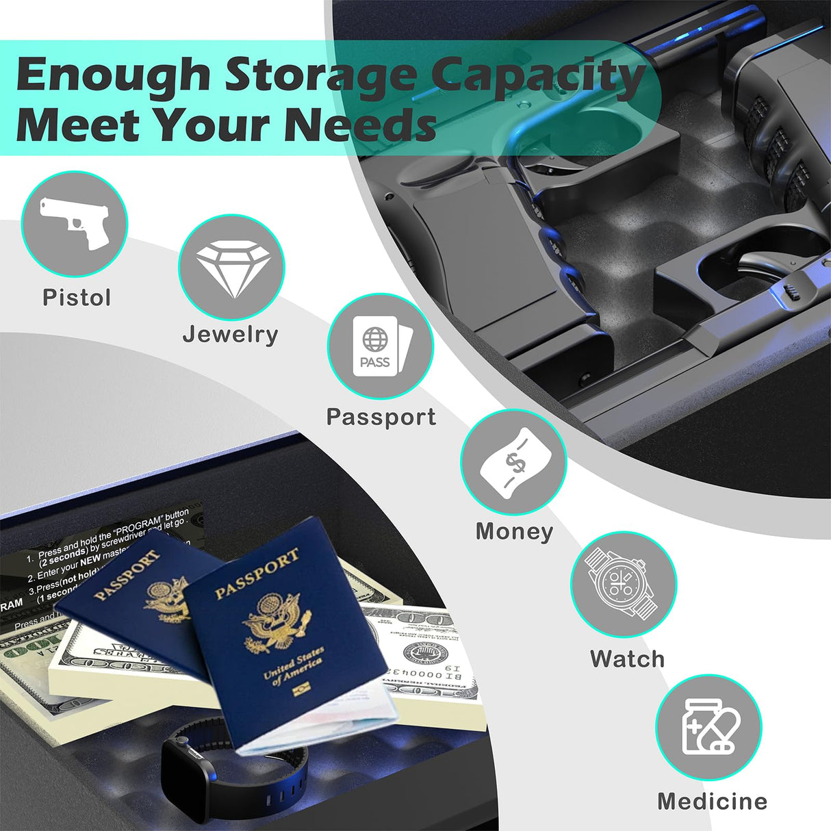 QINGENO Smart Gun Safe with Security Cable - Biometric Pistol Safe for 2 Handgun 3 Ways Quick Access with Fingerprint/Keypad/Key, for Nightstand Bedside Home with LCD and Voice Guide (Grey) QINGENO